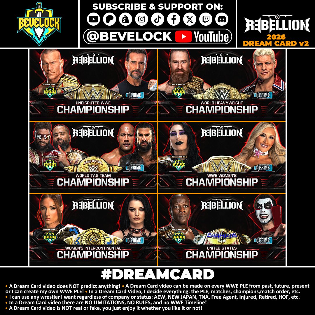 bevelock1's tweet photo. WWE Rebellion 2026 Dream Card [v2]
Bevelock's dream matches are here!
#WWERebellion #Rebellion #DreamCard #WWE #Bevelock https://t.co/hD5daknI6o