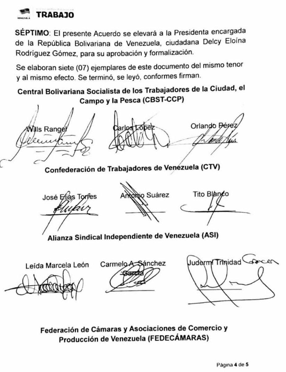 El medio Guáramo Digital publicó el acta de acuerdos de quienes avalaron el anuncio antisalarial de hoy. Firman tres sindicatos, Fedecámaras, Fedeindustria y representantes del Estado, con Ana María Sanjuan a la cabeza. Esos son los que roban a los trabajadores sus años de vida.