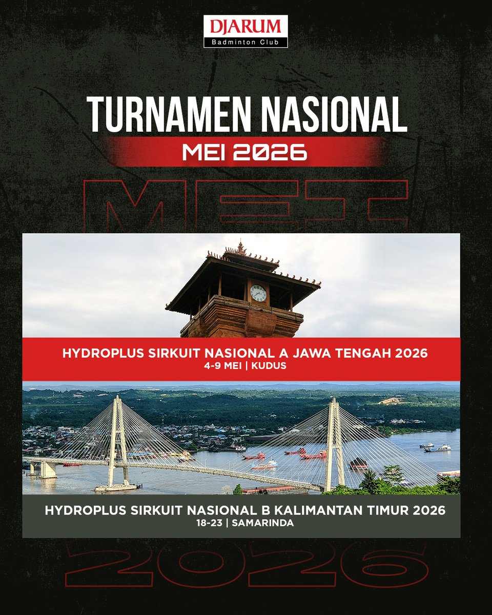 PBDjarum's tweet image. Ini beberapa turnamen yang akan berlangsung di bulan Mei 2026 yah, Sobat! Kamu nungguin yang mana, nih?​

Semoga banyak gelar juara yang berhasil dibawa pulang! 💪🔥​
​
#tournament #TeruskanSemangatJuara