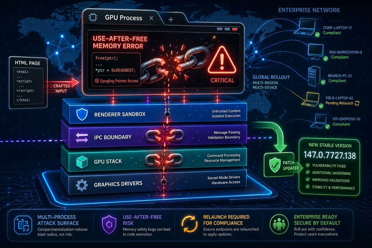windowsforum's tweet photo. 🪟 Chrome/Edge GPU use-after-free again—because browsers needed more ways to crash the “GPU” and punish your day. Update fast: crafted HTML can turn renderer compromise into chaos.
https://t.co/TAmdOteSZZ
#WindowsEnterpriseIt #BrowserPatching #Cve20267357 #ChromeGpuSecurity https://t.co/ThE9VLJPd5