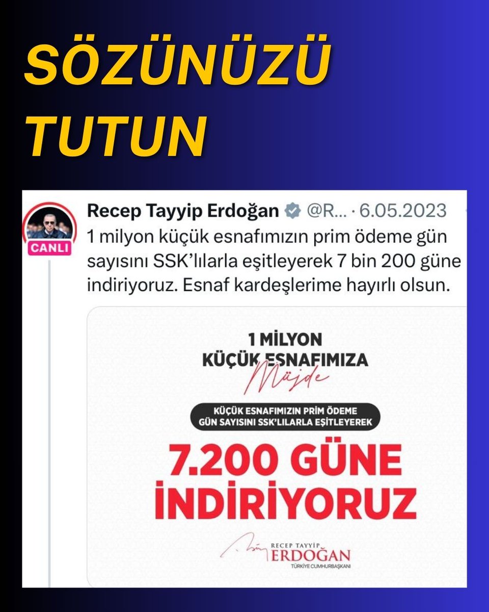 <a href="/isikhanvedat/">Prof. Dr. Vedat Işıkhan</a> <a href="/AhmetAYDIN_02/">Ahmet AYDIN</a> <a href="/RTErdogan/">Recep Tayyip Erdoğan</a> Esnaf Çiftçi nin 
7200 düzenlemesini 
Tamamlamadiniz
Sayın Cumhurbaşkanımız Müjde hayırlı olsun dedi 
3YILGEÇTİ
Bu yüzden 
Kaybedilen oyları 
nasıl telafi edeceksiniz