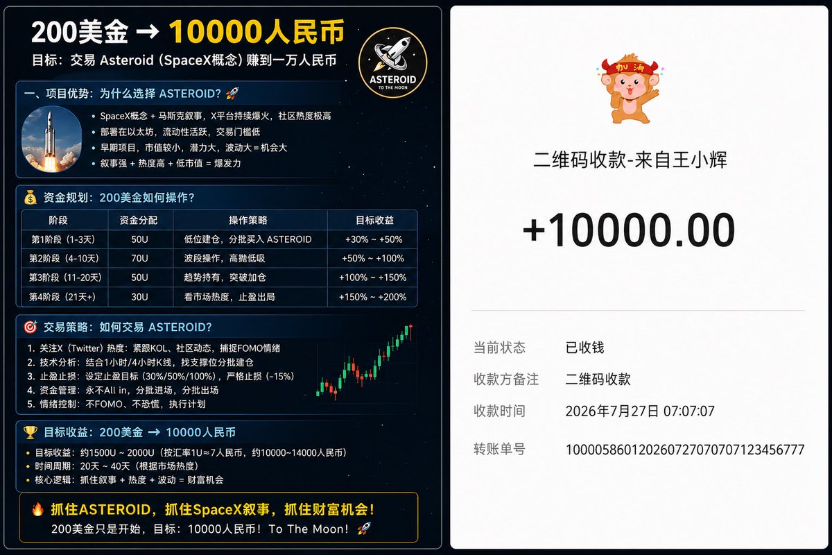 🚀如何用200美金显化10000人民币？

目标：asteriod
任务：吃7.5X
截止日期：2026.7.27

你有没有发现，每一轮meme真正赚钱的人，从来不是最聪明的，而是最早看懂“叙事”的人。

这一次的叙事很简单：
SpaceX + 马斯克 + 火箭 + Meme

而现在，一个正在X上发酵的关键词开始出现：
asteriod