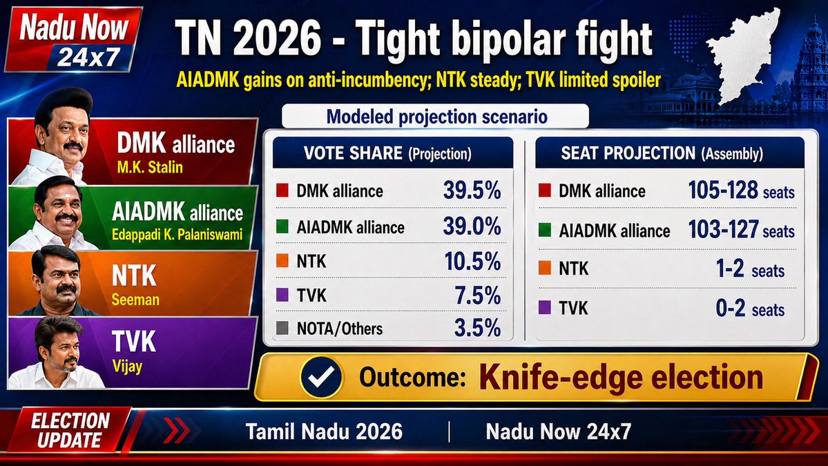 RoarngTiger's tweet image. This is the possible Hung assembly scenario that could swing either way! 

Best scenario for #ADMK to form a govt, albeit a minority one!! 

Tight bipolar fight
#DMK 39.5% vs #ADMK 39.0%. 
With #NTK steady and #TVK limited, this turns into a true seat-by-seat battle.
Outcome: