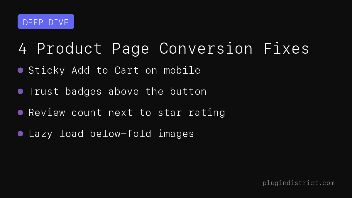 PluginDistrict's tweet photo. 4 WooCommerce product page changes that move conversion — ranked by impact. Most take under 30 minutes. Biggest first. https://t.co/JbaI04KjDn
