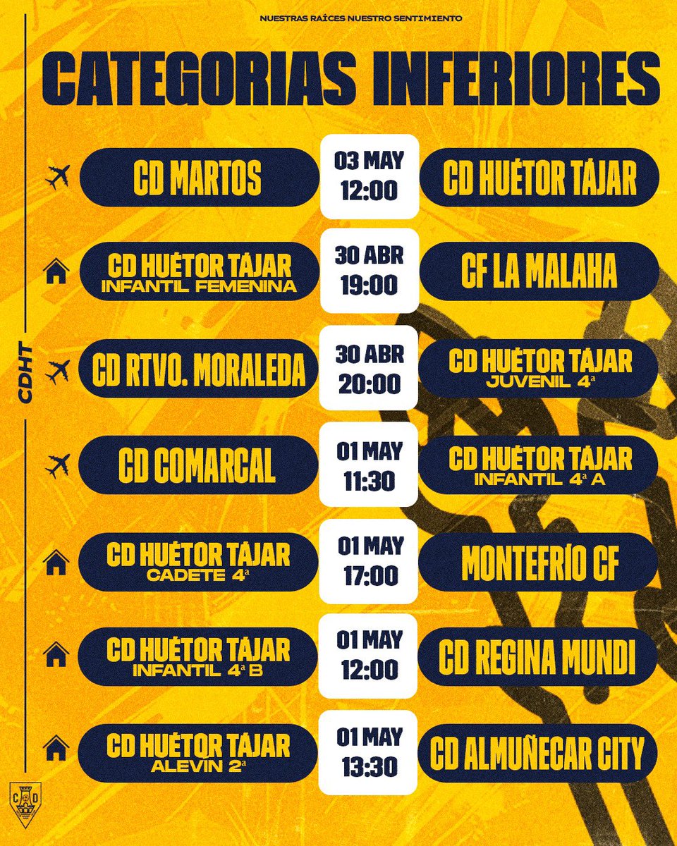 CDHuetorTajar's tweet photo. 📅⚽ Agenda de la cantera: estos son los encuentros de nuestros equipos base para este finde. ¡No faltes!

#CDHT #CESURCA https://t.co/R3ahuxo7vl