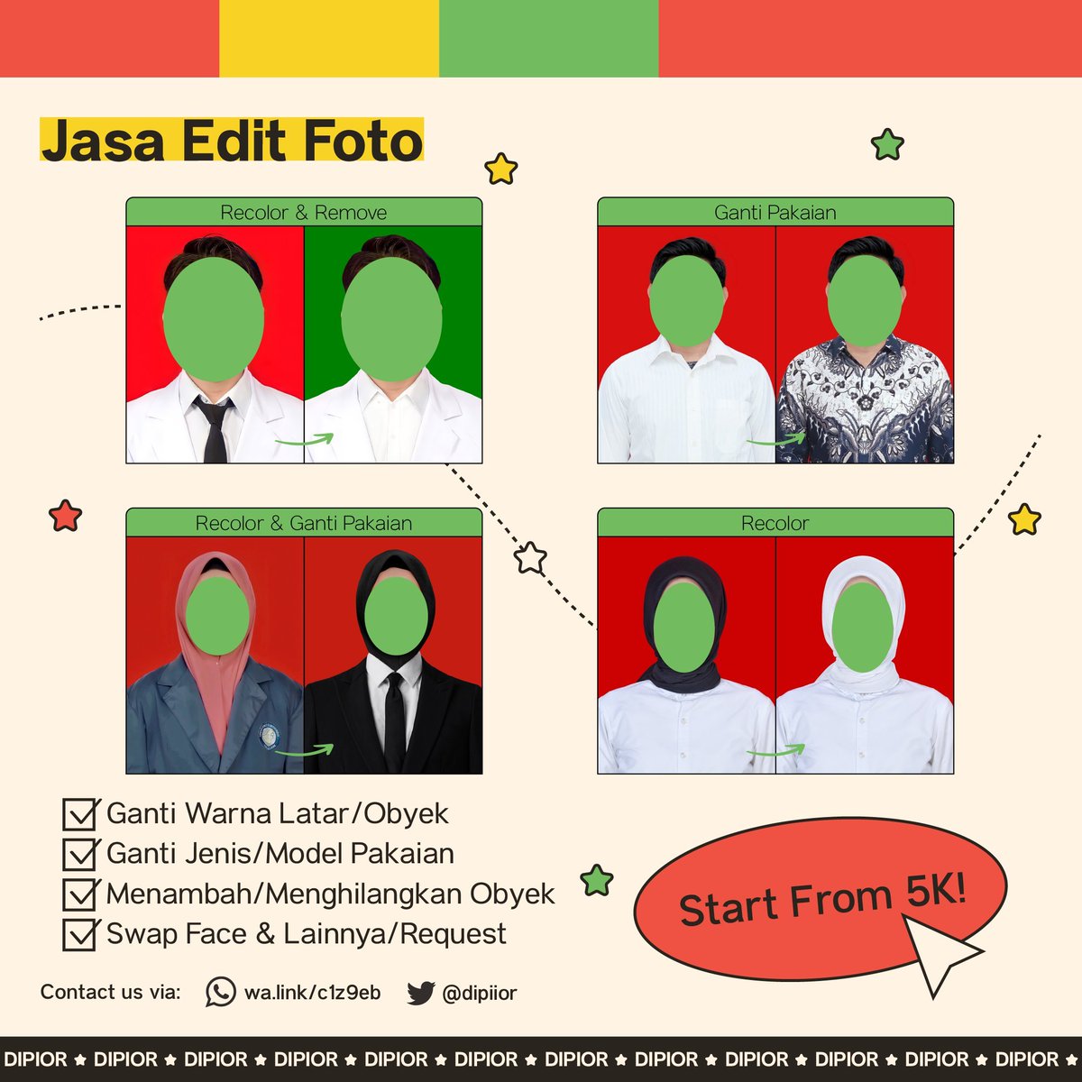 Halo, aku open Jasa Edit Foto;
✩ ganti warna background, hijab/kerudung, kemeja, dll
✩ ganti pakaian jas, blazer, almamater, dll
✩ menambah/menghilangkan obyek
✩ lainnya/request
- Start from 5K! WA di bio or DM
#zonauang #zonajajan #zonaba
pas loker kuliah cpns ktm