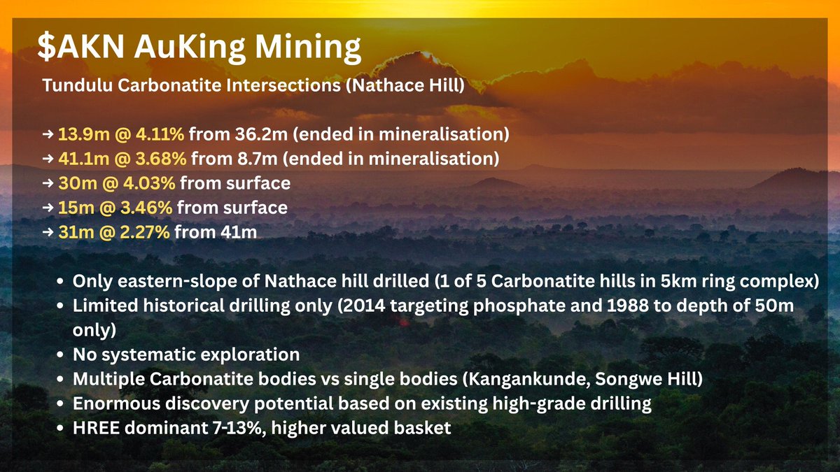 StockSafari21's tweet photo. $AKN #Tundulu is a 5km carbonatite system with multiple hills and only a very small part has been drilled.

The drilling has delivered some serious grades like 41m @ 3.68% TREO and 30m @ 4.03% TREO. And most holes ended in mineralisation.

And that’s before modern geophysics, modern targeting, and a proper REE-focused drill campaign.

Now Tundulu gets its turn to show what’s under the surface.