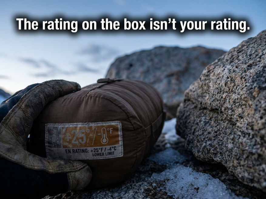 the_hking's tweet photo. The comfort rating on a sleeping bag is for a standard female sleeper at rest. Your bag's **lower-limit number** is for a standard male — and neither accounts for altitude, moisture, or your specific metabolism. #TheHikingTribe #HikingGear https://t.co/WJXo02Yi82
