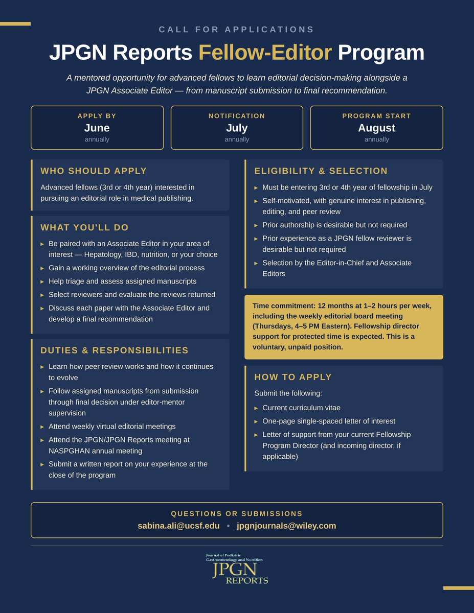 JPGNReports's tweet photo. 📣 Applications are OPEN for the JPGN Reports Fellow-Editor Program!

#PedsGI #NASPGHAN #JPGN #MedTwitter https://t.co/f8B3u7SsOS