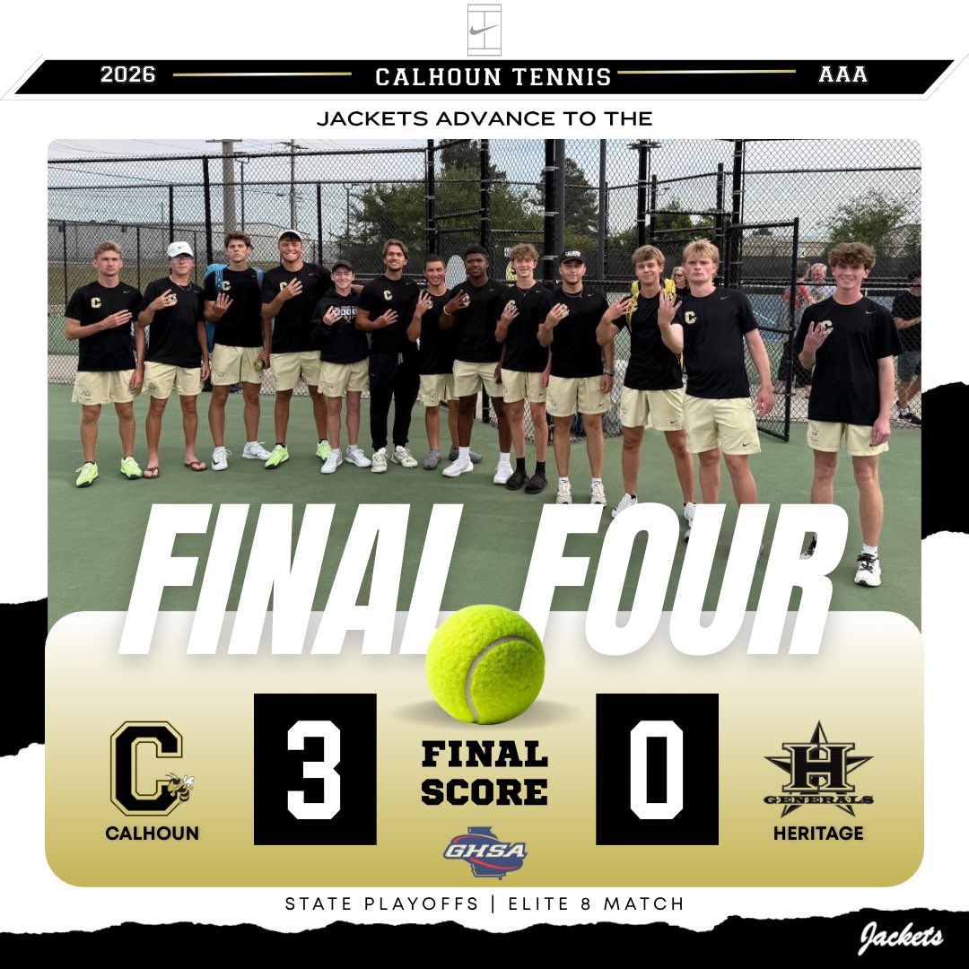CalhounSchools's tweet image. FINAL FOUR BOUND. 🎾🐝
Jackets sweep Heritage 3-0 to advance! #GoJackets