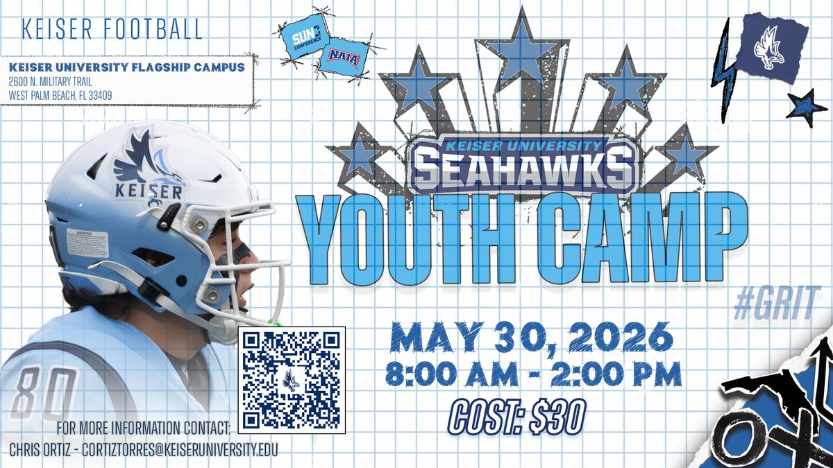 KeiserFootball's tweet photo. We are 1️⃣ month out from our Friday Night Lights Camp and Youth Camp. Great opportunity to be evaluated by our staff and parents great way to kickoff the summer ☀️⛱️ with youth camp. You don’t want to miss out❗️ #GRIT #SeahawkFast 🦅💨 #DefendTheBeach https://t.co/21DGHHGXhU