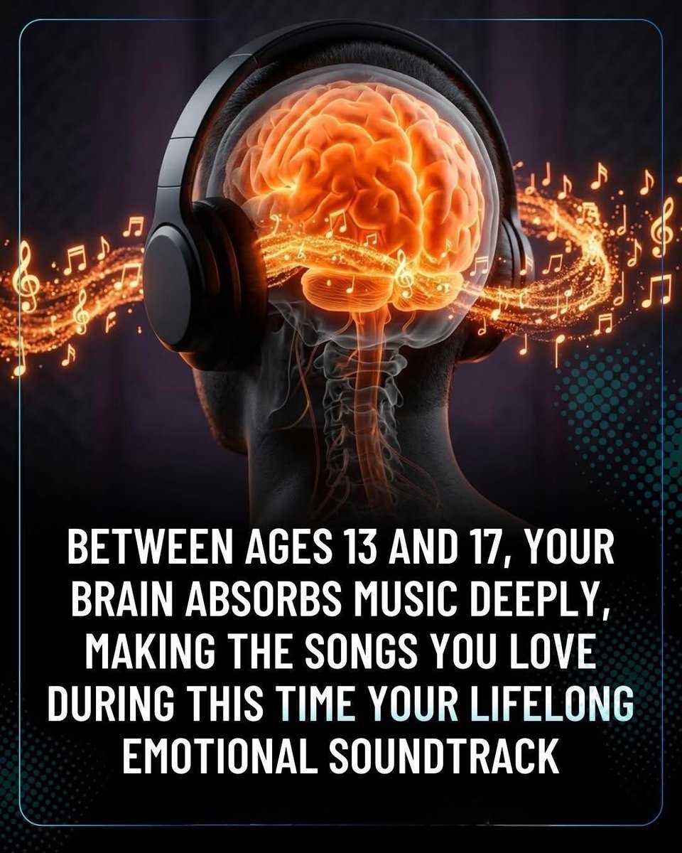 🧠  THE SONGS YOUR BRAIN NEVER LETS GO…

Ever wondered why one old song can instantly take you back in time? It’s not random—it’s your brain at work.
Between ages 13 and 17, your brain is highly emotional and still developing. During this time, music doesn’t just sound good… it