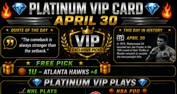 BullMarciano's tweet photo. 💎🔥 PLATINUM VIP CARD – APRIL 30 🔥💎
 
🎁 FREE PICK: 🎁
❓u: Atlanta Hawks +4

━━━━━━━━━
 
Platinum VIP Plays: 

 NHL PLAYS: 
🤤 4U – 📣📣📣
🧂 Sprinkle (1U):  📣📣📣

🔆NBA POD: 

🏀 4U –  📣📣📣
🧂 Sprinkle (0.5U):  📣📣📣

🏀 2U – 📣📣📣

━━━━━━━━━

📈 RESET. RELOAD. NEXT RUN.

━━━━━━━━━━━━━
🚨 Value spots on the board — don’t miss it

📩 DM “VIP” to lock in today’s card

🎁 FREE PICKS: https://t.co/16mcHBAUPM

💎 300% BONUS: https://t.co/4KameFb2YU

📲 Telegram: @bullmarciano

━━━━━━━━━━━━━━

🔥 If riding — drop 💎

#SportsBetting #VIPPicks #BettingTips #MLB #NHL #SportsInvesting #WinningBets #ROI #LockOfTheDay