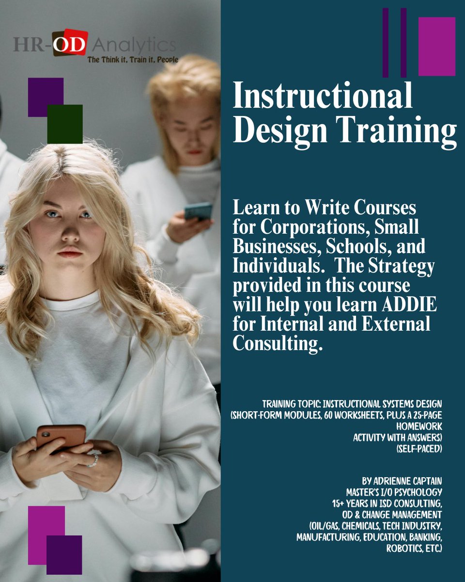 Gain the Knowledge to write courses for companies and how to design practice activities for learning.  Learn ADDIE Today:  adrienne-s-school-2b8a.thinkific.com/courses/learn-…

#leadership #talent #management #hr #technology #IT #ATD #addie #systemsthinking #learning #elearning #economics