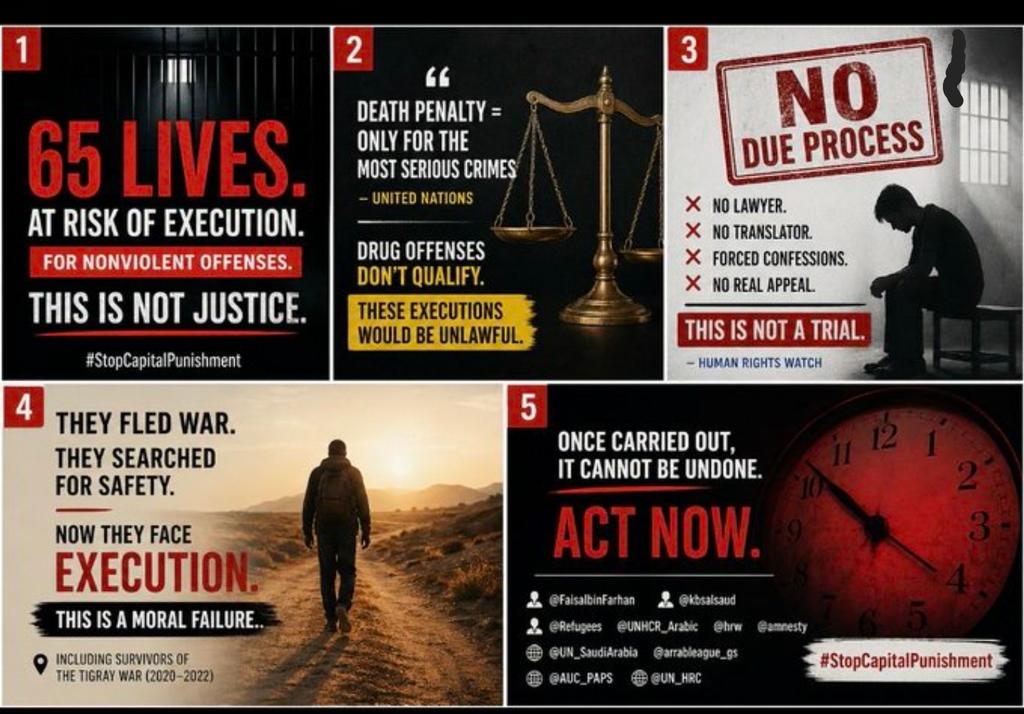 s71908599's tweet image. ‼️ URGENT APPEAL FOR HUMANITY‼️

We urge the IC to listen. #Human lives are at risk, &amp;amp; remaining silent is unacceptable.
We appeal to the #IC , #HumanRightsCouncil ,@UNGeneva &amp;amp; #Saudi authorities HALT THE EXECUTION OF 65 ETHIOPIAN MIGRANTS 🚨
@IntlCrimCourt @UNHumanRights 
@UN