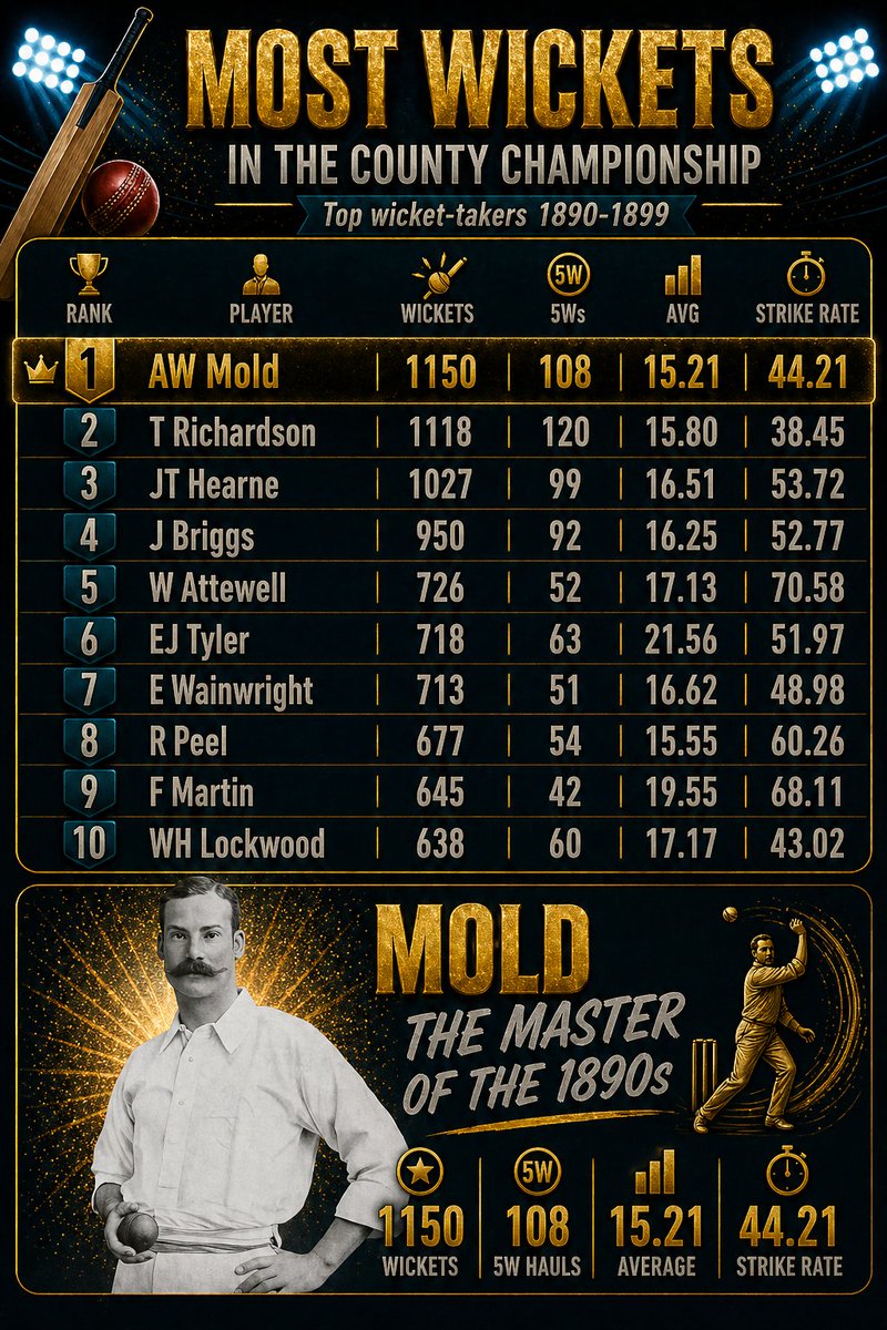 LeadingEdgePod's tweet photo. Most County Championship wickets, 1890–1899 🏏

The 1890s bowling list is pure early Championship history.

Arthur Mold leads the decade with 1,150 wickets at 15.21, including 108 five-wicket hauls. A Lancashire fast bowler with serious pace, he was one of the most feared bowlers of the era.

Right behind him is Tom Richardson: 1,118 wickets, 120 five-wicket hauls, and a strike rate of 38.45. A Surrey and England great, Richardson’s workload was unbelievable - long spells, huge pace, and wicket after wicket.

Then there’s JT Hearne, Middlesex’s master of control: 1,027 wickets, economy 1.84, and 99 five-wicket hauls.

Johnny Briggs was another giant of the period — 950 wickets at 16.25 - a brilliant Lancashire left-arm spinner and England Test bowler.

And look at William Attewell: economy 1.46 across more than 51,000 balls. That is almost impossible to imagine now.

This was County Championship bowling in its rawest form: huge workloads, uncovered pitches, and bowlers who could dominate entire seasons.

#CountyCricket #Cricket #CountyChampionship

Stats by https://t.co/RdxGddVV1B