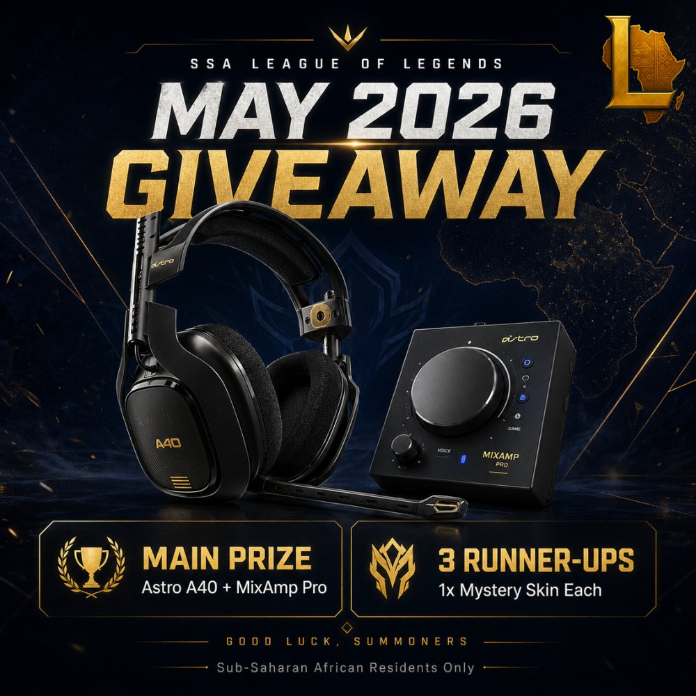 SubSaharanLOL's tweet photo. 🎁 SSALOL May 2026 Giveaway is live along with many other giveaways!

Win an Astro A40 Headset, with 3 runner-up winners each getting a League of Legends Mystery Skin.

Open to eligible Sub-Saharan African residents only.

Enter on the platform:
https://t.co/BOIw1b43ZK

Goodluck! https://t.co/cC5KAd8HXE