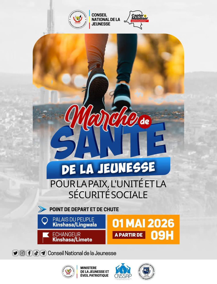 BienvenueE529's tweet image. 🚨🚨 DEMAIN 
- La marche de santé organiser par le #conseil #national de la #jeunesse pour LA #PAIX, L'#UNITÉ ET LA #SÉCURITÉ SOCIALE.

* Heure :09h
* Lieu d départ : PALAIS DU PEUPLE 
* Lieu de chute : ÉCHANGER/limete 

Invité d'honneur : S.E #kasongokas pdt  #mca 

J'y serai 🔥