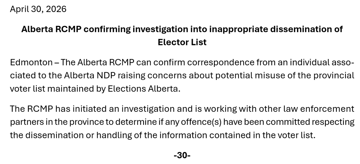 JSJamato's tweet image. RCMP confirms they are investigating possible criminal offences related to the Alberta electoral list leak allegations. #ableg #cdnpoli