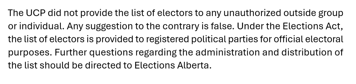 JSJamato's tweet image. The office of the premier would not comment on the Elections Alberta allegations/court injuction today (I also asked Nenshi about it and he called the situation "dangerous.")

But the UCP did release this statement... 
#ableg #cdnpoli