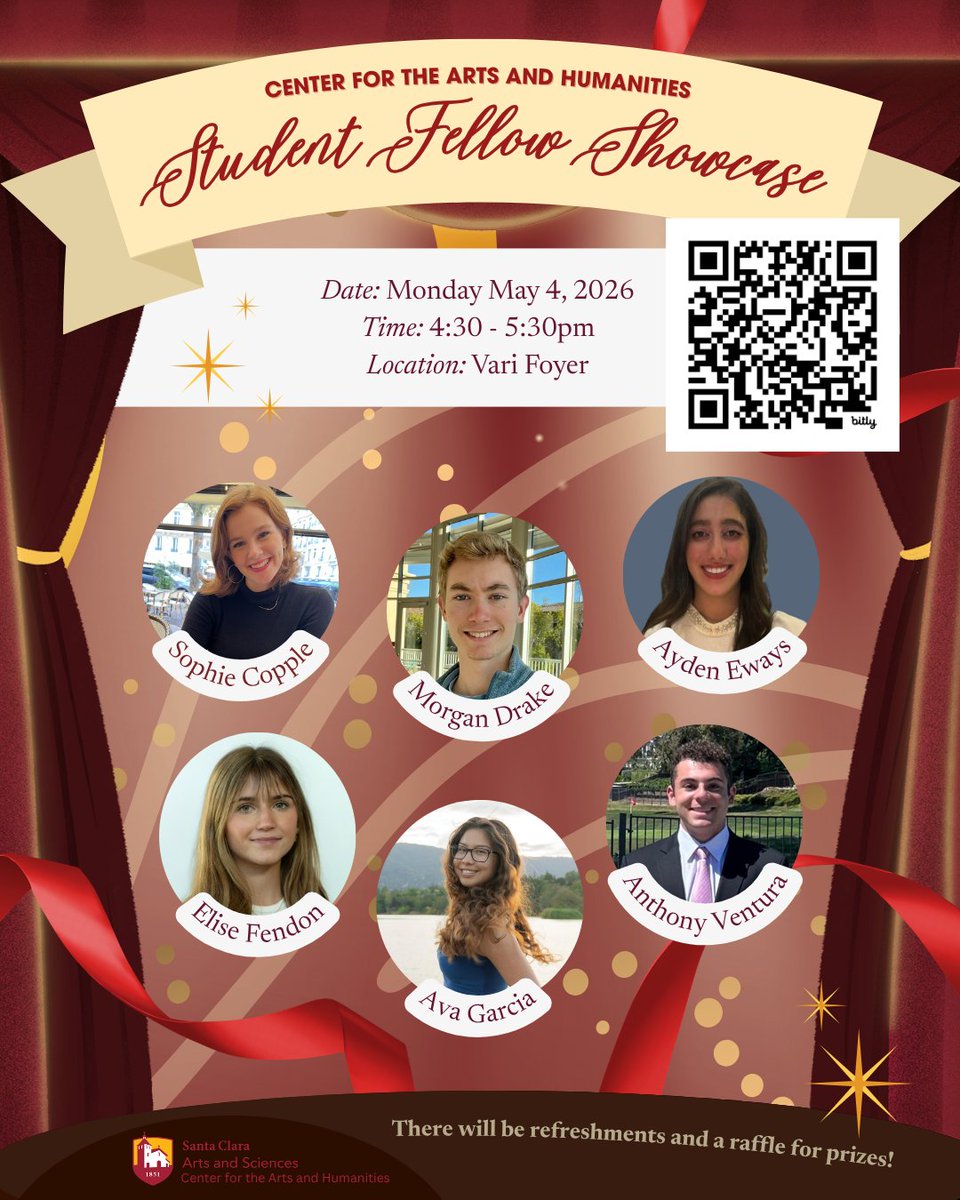 SCU_CAH's tweet photo. Come see what our incredible student fellows have been up to at the CAH Student Fellow Showcase! 

There will be refreshments and a raffle for prizes for all attendees.

Register below or just come by!

https://t.co/VCw6ijum6l https://t.co/dzs0HI6hXO