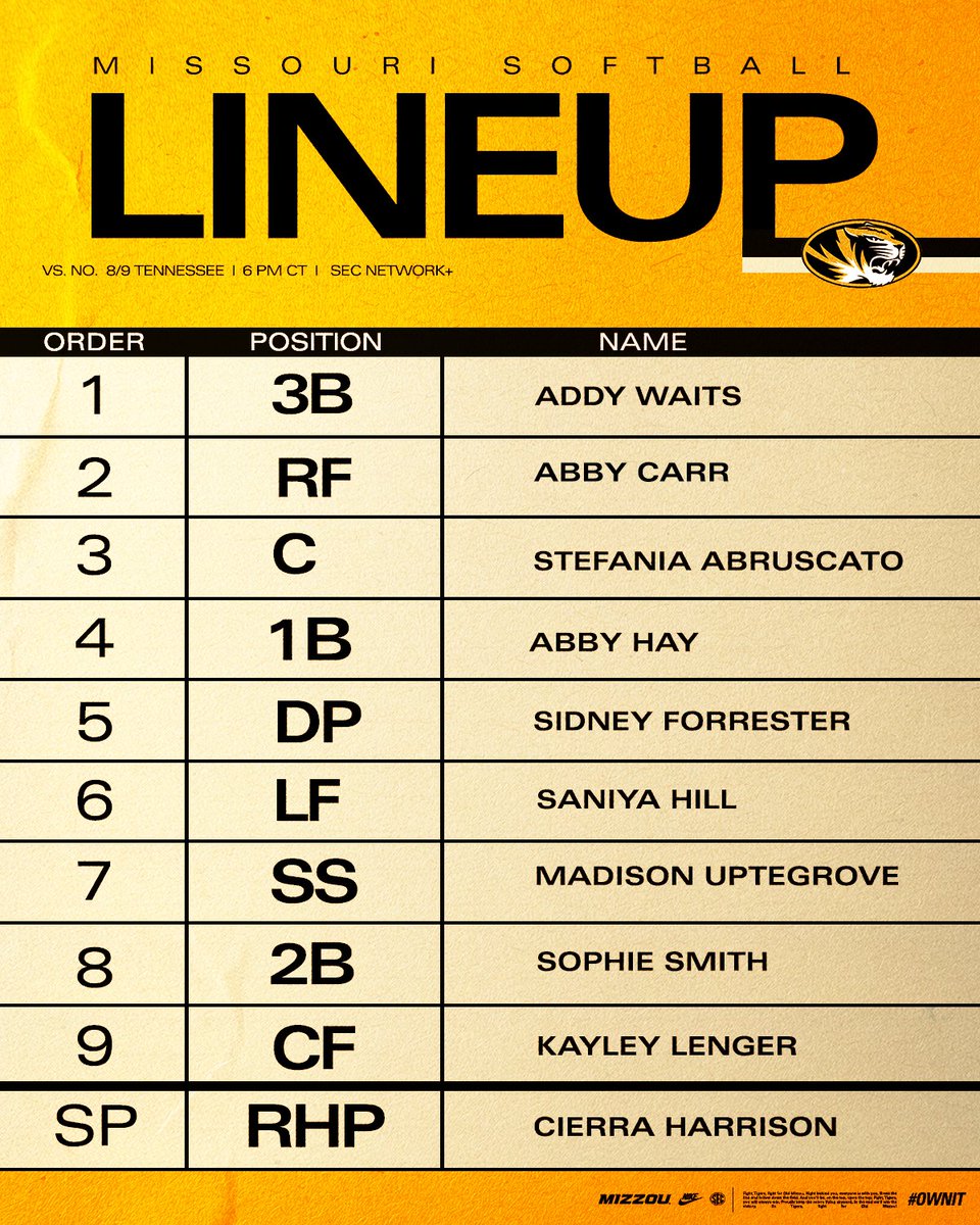 MizzouSoftball's tweet image. STARTING LINEUP: Game 54
🆚 No. 8/9 Tennessee

📺tinyurl.com/jsr76tun
📊tinyurl.com/56nxa92u

#MIZ 🐯 🥎 | #OwnIt