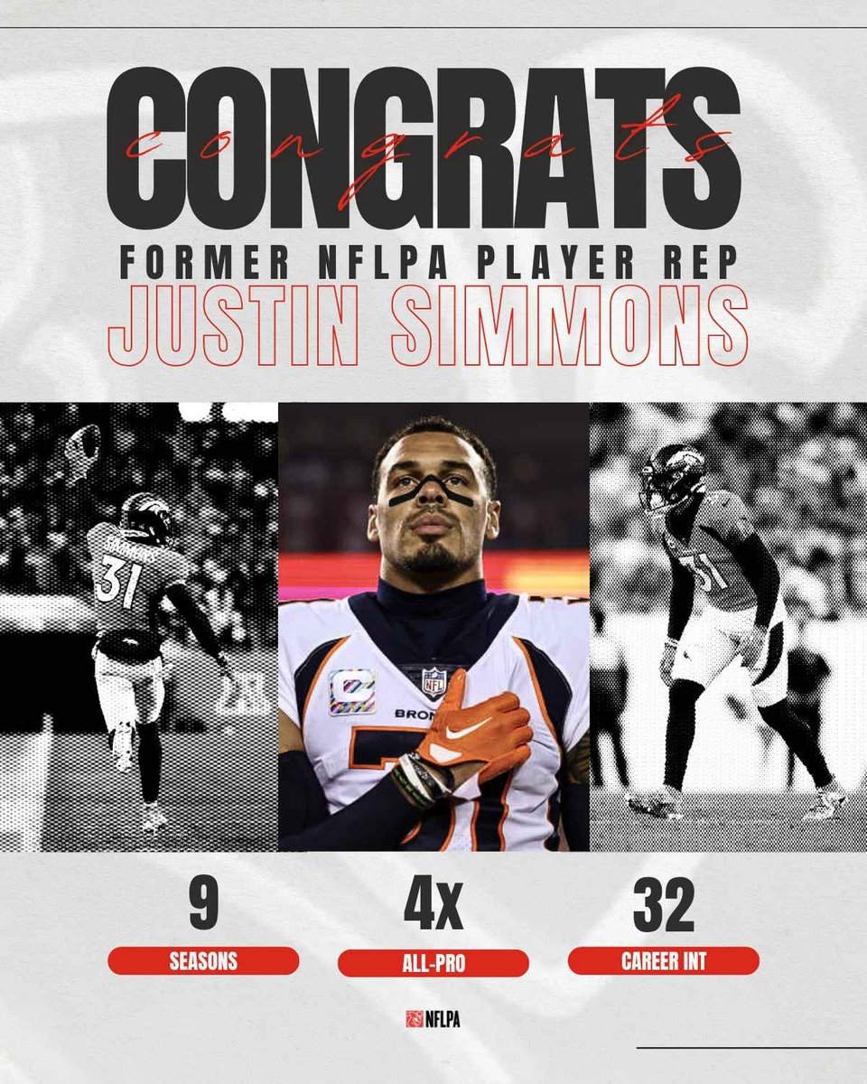 NFLPAFmrPlayers's tweet photo. Congratulations to Former NFLPA Player Rep @jsimms1119 on an outstanding career. We thank you for your dedication to your teammates and peers, as well as the numerous memories you gave us on the field. We wish you the best in whatever the future holds. 

Please reach out to the @playerstrust for any assistance with your transition. #NFLPAFraternity