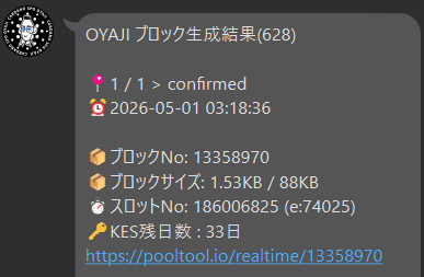 🇯🇵【OYAJI】
委任者の皆様いつも有難うございます!!
昨日、エポックは628へと移行しました▶️
今回は割当てが１個あり、すでに生成済みです👍

引き続きよろしくお願いします🙇

#暗号資産 ＃カルダノ #ADA
