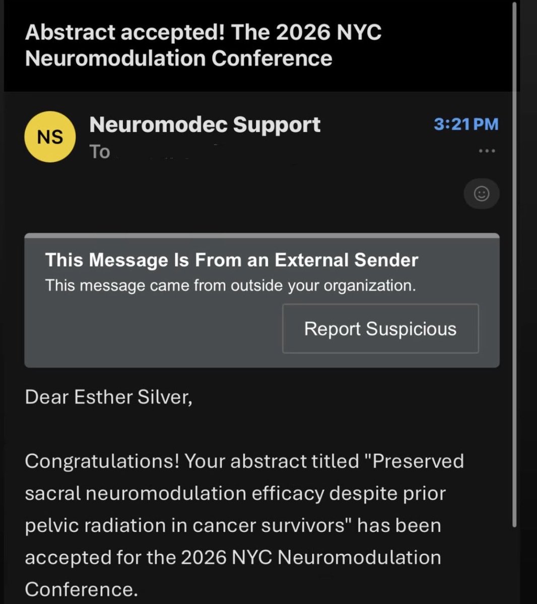 estisilver's tweet image. See you in New York! 🧠⚡️ @neuromodec

Excited to share our work on sacral neuromodulation in pelvic cancer survivors, focusing on outcomes in patients with prior radiation.

Grateful for the mentorship of @ICrescenze and for our incredible team.

#Neuromodulation #Urology