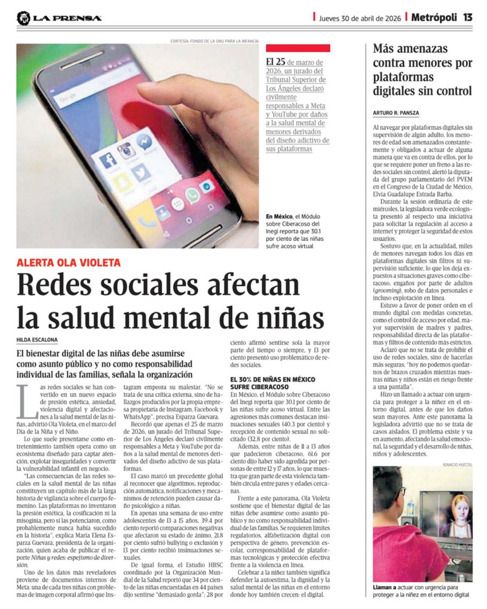 OlaVioletaAC's tweet image. ¿#Sabíasque el 30% de niñas en México sufre ciberacoso? Este #DíaDeLaNiñaYElNiño, desde Ola Violeta hacemos un llamado a concentrar esfuerzos para brindar a las infancias protección efectiva en el entorno digital, donde también crecen y se desarrollan. Gracias @laprensaoem  💜
