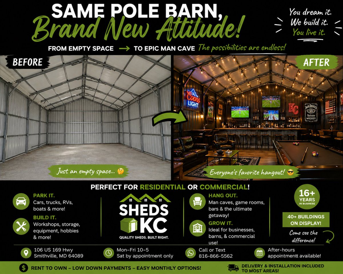 ShedsKC's tweet image. 🍻😏 From empty space to summer hangout

Game days 📺 Cold drinks 🍺 Late nights 🔥
This is where summer happens

💰 Financing &amp;amp; rent-to-own
✔️ Delivery/install included

📍 Smithville, MO
🕒 M–F 10–5 | Sat by appt

#ShedsKC #ManCave #SummerVibes