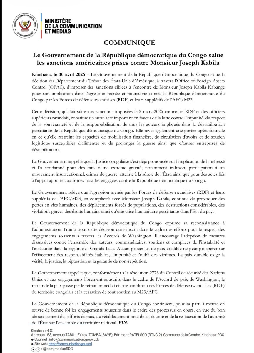 Com_mediasRDC's tweet image. Le Gouvernement de la République démocratique du Congo salue les sanctions prises par les États-Unis contre Monsieur Joseph Kabila, en lien avec son implication dans l’agression en cours contre notre pays.

Une étape importante dans la lutte contre l’impunité et pour le respect