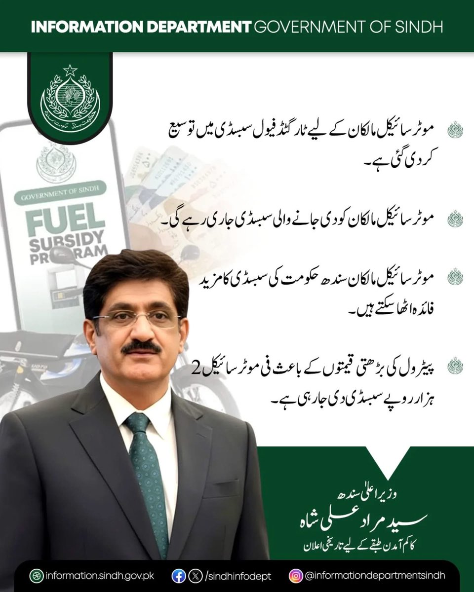 وزیراعلیٰ سندھ سید مراد علی شاہ نے کم آمدن طبقے کے لیے ایک تاریخی اعلان کرتے ہوئے موٹر سائیکل مالکان کے لیے ٹارگٹڈ فیول سبسڈی میں توسیع کا فیصلہ کیا ہے۔ اس فیصلے کے تحت موٹر سائیکل مالکان کو دی جانے والی سبسڈی آئندہ بھی جاری رہے گی۔ 

#SindhGovt #PPP #FeulSusidy