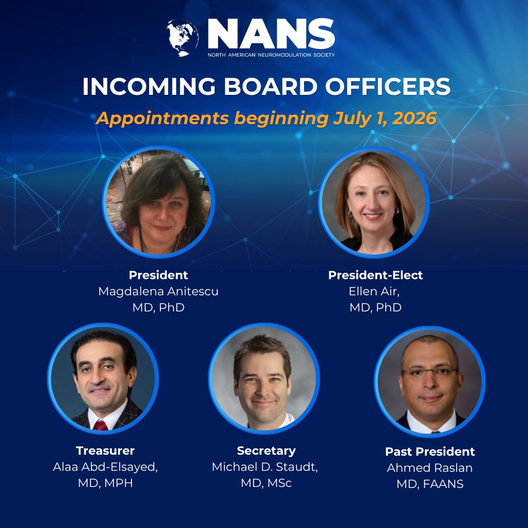 NANS_ION's tweet image. Meet the incoming NANS Board of Directors.

A group of dedicated leaders committed to advancing neuromodulation, expanding access, and shaping the future of patient care.

Join us in welcoming them. Appointments begin July 1! 👏

#NANS #Neuromodulation