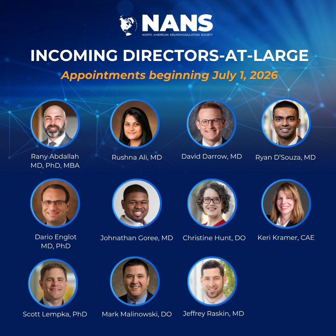 NANS_ION's tweet image. Meet the incoming NANS Board of Directors.

A group of dedicated leaders committed to advancing neuromodulation, expanding access, and shaping the future of patient care.

Join us in welcoming them. Appointments begin July 1! 👏

#NANS #Neuromodulation
