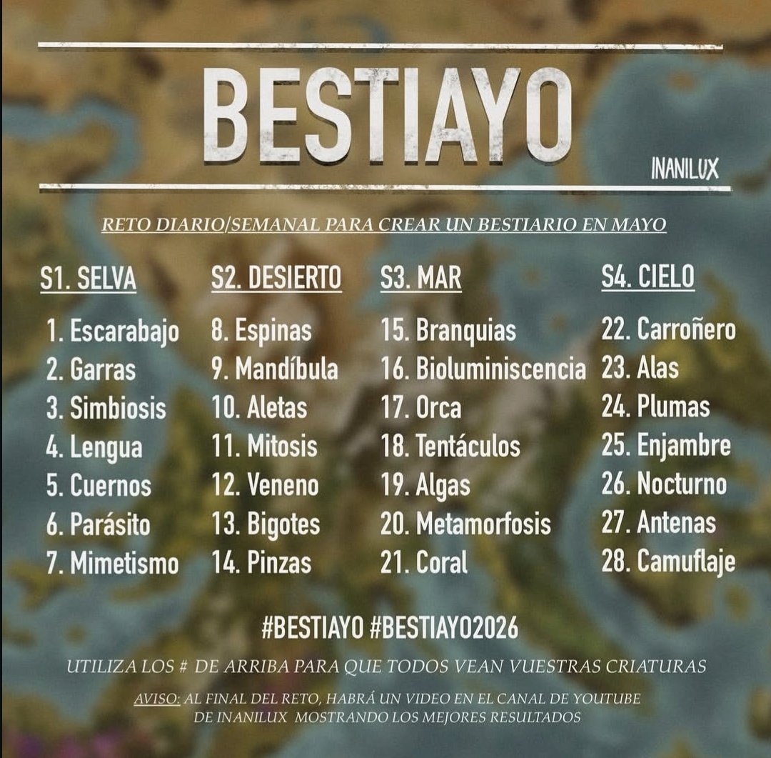 Gente se viene nueva mecánica para el mes de mayo de parte de instagram.com/inanilux?igsh=…
Artista increíble y si, yo igual estoy haciendo mi propio bestiario, y lo seguiré expandiendo con estas criaturas de este reto
Quizás no lo empiece directo mañana porque saldré
Pero lo terminare