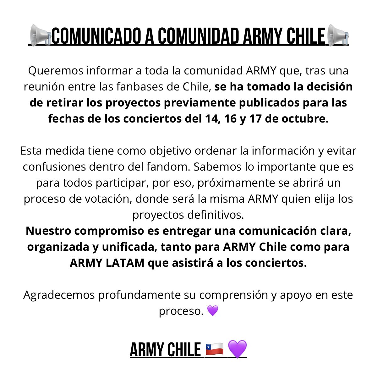 armychilensis's tweet photo. Muy pronto podrán votar y elegir los proyectos finales ✨
Gracias por el apoyo siempre.
Fanbases unidas por ARMY y por BTS 💜
#armychile #btschile #bts #armyprojects #armyxbts https://t.co/BsgUw4Ib0G