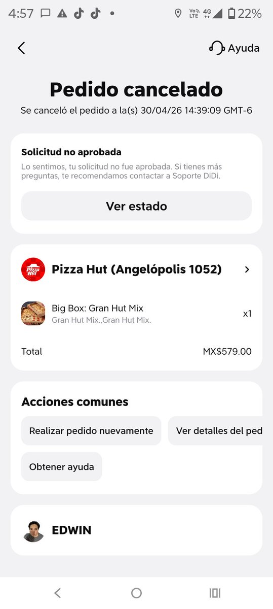David93472197's tweet photo. @DiDi_Mexico @Profeco Pedido cancelado y nunca entregado, cobro indebido me cobraron $579 Soporte no me contesta y esto es un cobro indebido por lo que solicito reembolso inmediato o escalo a Profeco y disputa bancaria https://t.co/jxOjDnbyns