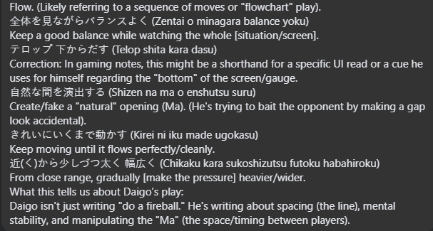 Daigo's notes on his notepad vs Mena, sourced from a translator who saw the notepad on facebook.