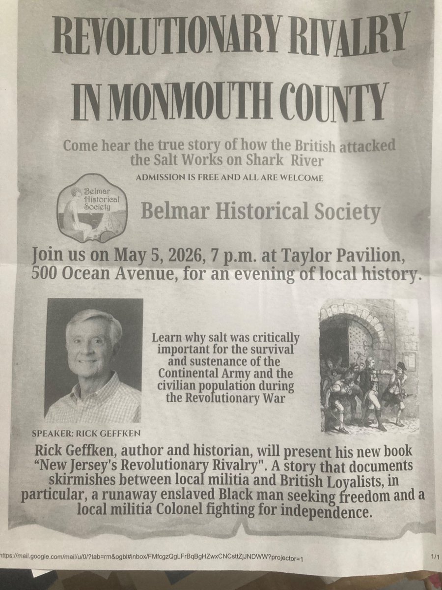 FuriousWig's tweet image. Local history! ❤️🇺🇸

"Come hear the true story of how the British attacked the Salt Works on Shark River."

Tuesday, May 5th at 7pm - Taylor Pavillon - 500 Ocean Ave. - Belmar, New Jersey

#America250 #Monmouth250 #Continental #SALT