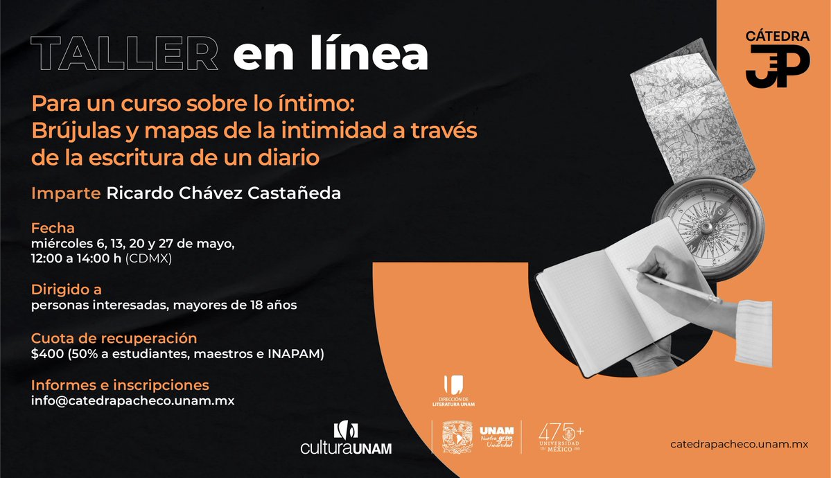 C_CulturaUNAM's tweet image. ¿Y si escribir un diario fuera hackear tu mente?  Brújulas y mapas de la intimidad no es “querido diario”… es explorarte en serio.🔥Un taller para entenderte, ordenar lo que sientes y convertirlo en algo poderoso.
6, 13, 20 y 27 de mayo, 12h. 
👉comunidad.cultura.unam.mx
#virtual