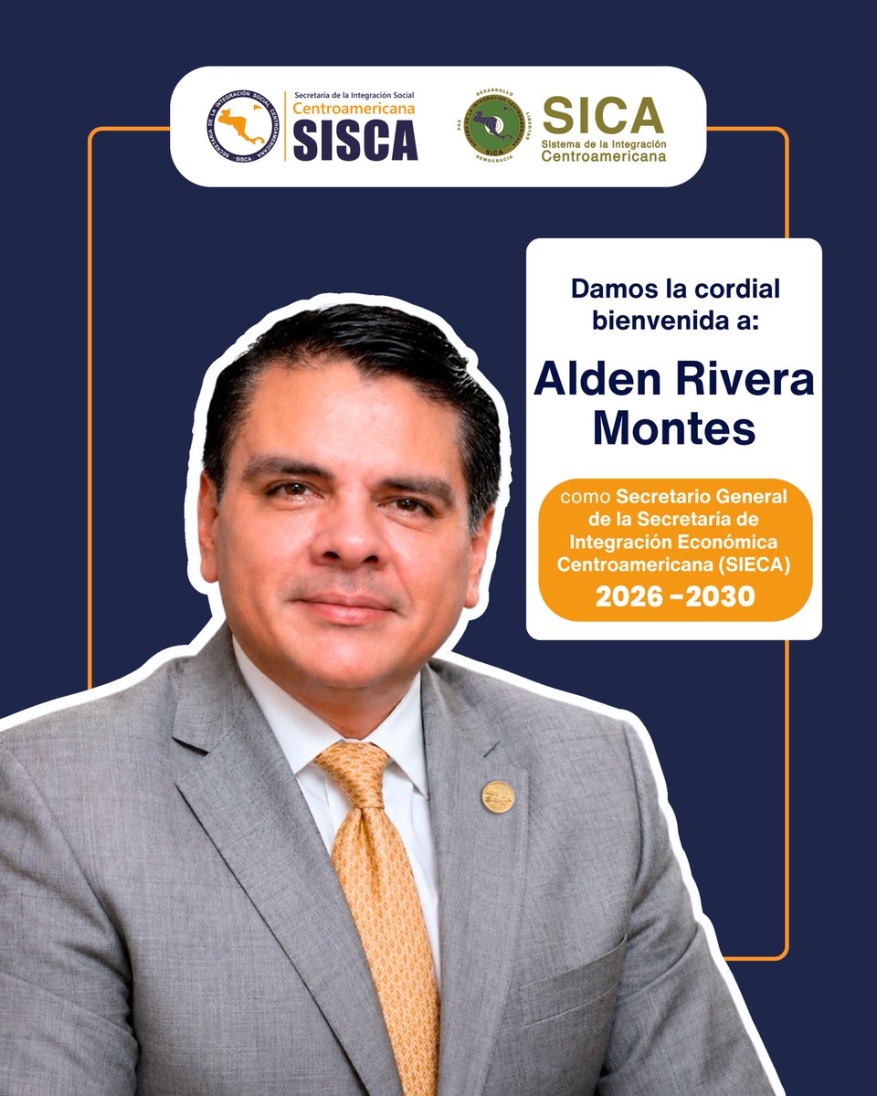SGSISCA_SICA's tweet photo. Nos sumamos a la bienvenida de Alden Rivera Montes, de nacionalidad hondureña, como nuevo Secretario General de la @sg_sieca para el período 2026–2030, con la convicción de que este liderazgo marca una nueva etapa para fortalecer la integración económica regional desde una visión más articulada y complementaria.

Asimismo, reafirmamos nuestro compromiso para alinear esfuerzos, conectar agendas y asegurar que el crecimiento económico se traduzca en bienestar, inclusión y oportunidades reales para las personas de Centroamérica y República Dominicana.