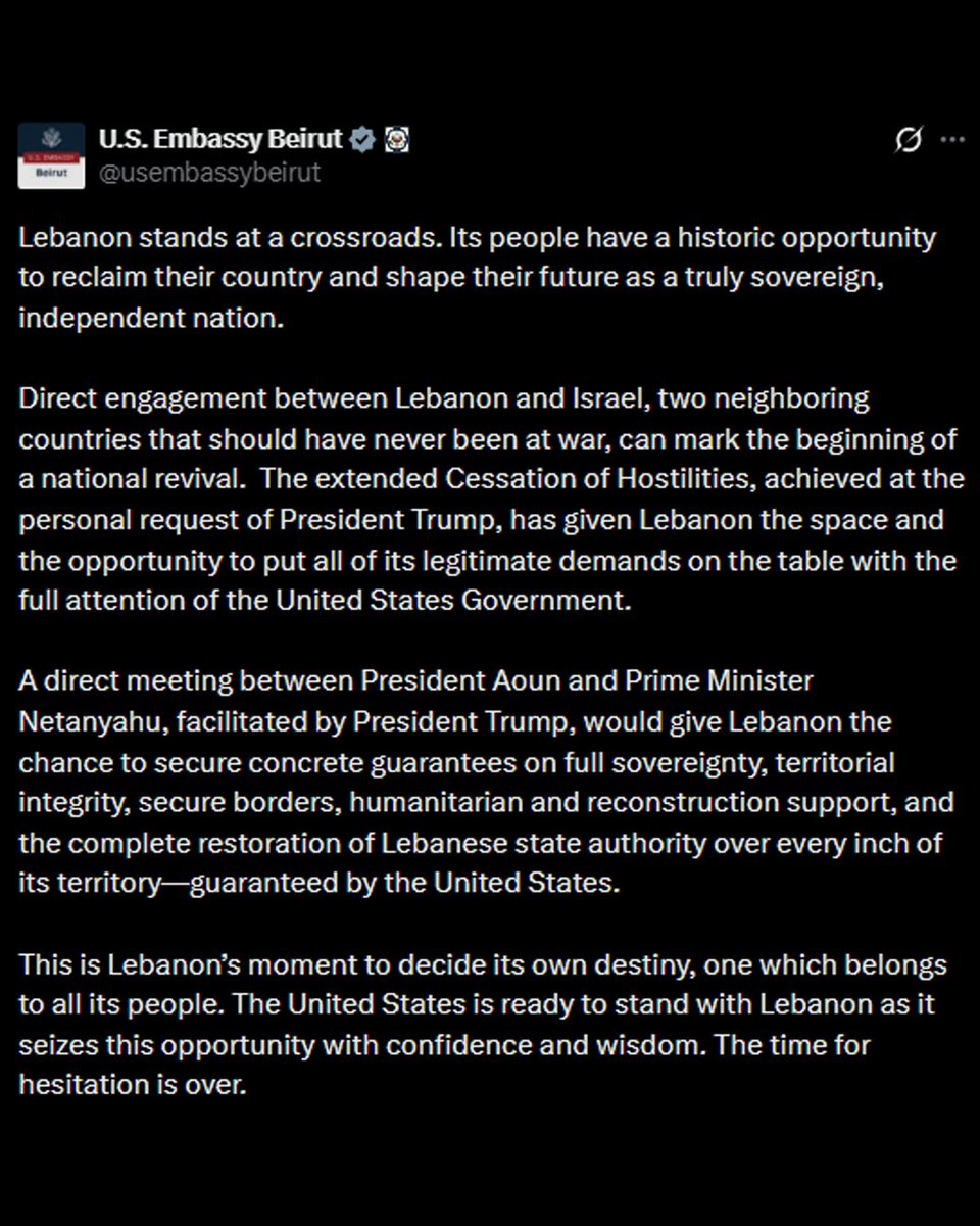 DialoguePak's tweet image. The US Embassy in Beirut has urged direct engagement between Lebanon and Isr@el, suggesting a possible meeting between Israel! Prime Minister Benjamin Netanyahu and Lebanese President Joseph Aoun, potentially facilitated by Donald Trump.

#DialoguePakistan #USEmbassy #Beirut