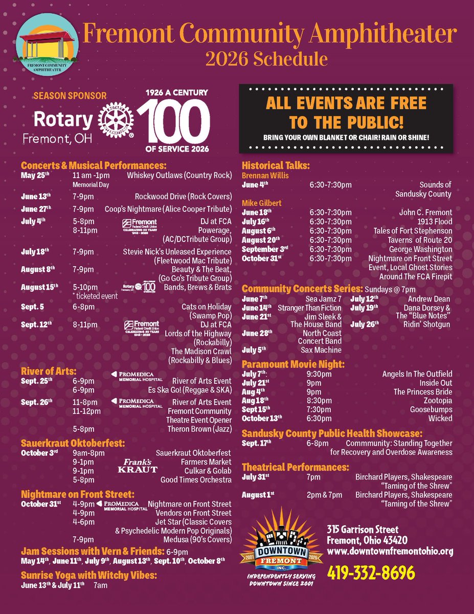fremcomamp's tweet image. 🎶🌟 Just released! Summer fun is HERE in Fremont—the 2026 Fremont Community Amphitheater schedule is packed with concerts, movie nights, local theater, history talks &amp;amp; more! 🎤🎭🎬

#FremontOhio #LiveMusic #OutdoorFun #FreeEvents #CommunityVibes