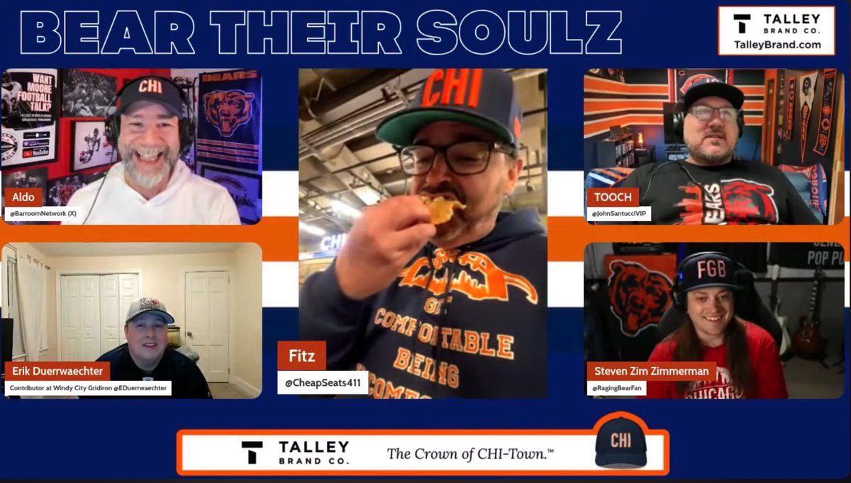 talleybrand's tweet photo. The lead up to the NFL Draft had one brand in the corner of so many screens. Us. Holy moly!

Draft on Tap. Gabriel Talks Football. Bear Their Soulz. And more. Aldo @BarroomNetwork made this happen.  

Thank you to everyone who put Talley Brand in front of Bears fans this week. And for your work talking all things #Bears. 

This community is something else. 🧡
@ShimonDraftScout @AaronCurrent @JohnSantuciVIP @CheapSeats411 @RagingBearFan @EDuerrwaechter @ggabefootball
#FGB #NFLDraft #TalleyBrand @3Kings_Midway

And thanks to Fitz for the food review! LOL
