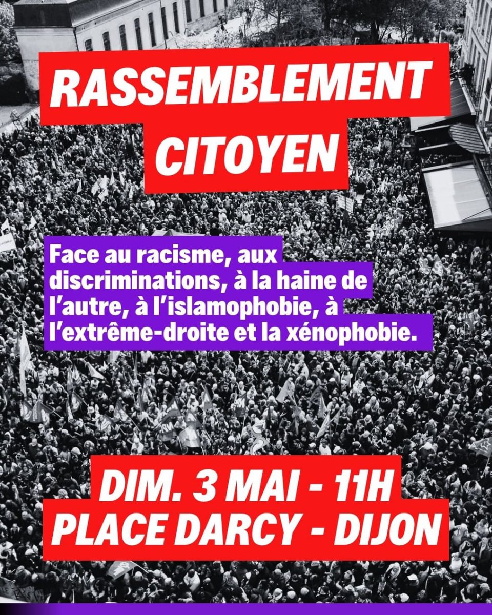 DijonPopul30419's tweet image. A #dijon, le dimanche 3 mai à 11 heures, rassemblement  contre le racisme, les discriminations et la haine de l’autre, contre l’islamophobie,
l’antisémitisme, contre l’extrême droite et la xénophobie et en soutien à @BallyBagayoko

#lfi #lafranceinsoumise