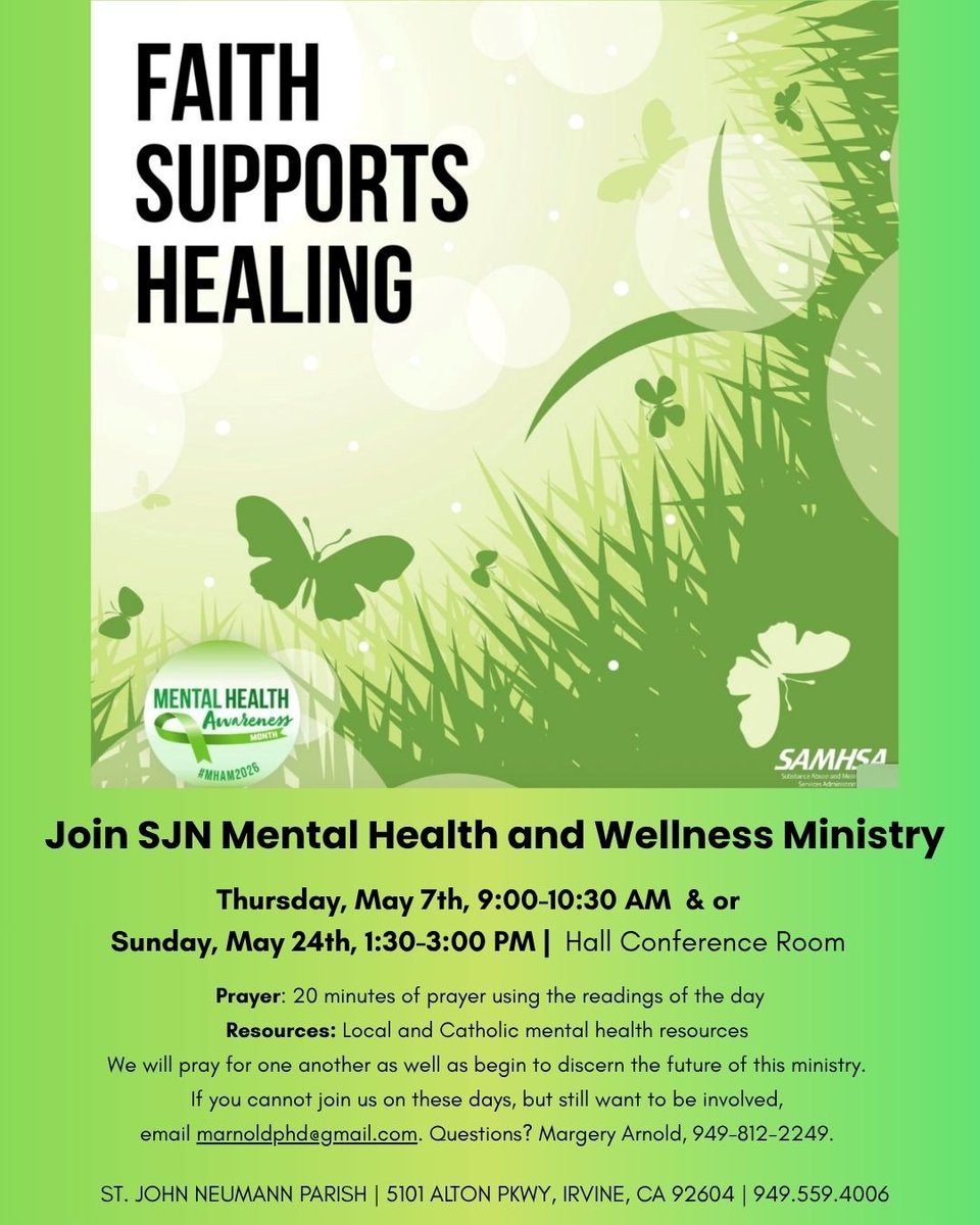 OCFamilyLife's tweet photo. St. John Neumann Catholic Church in Irvine is hosting mental health ministry events this month for Mental Health Awareness! @sjnirvine https://t.co/wLfGz8XU7T