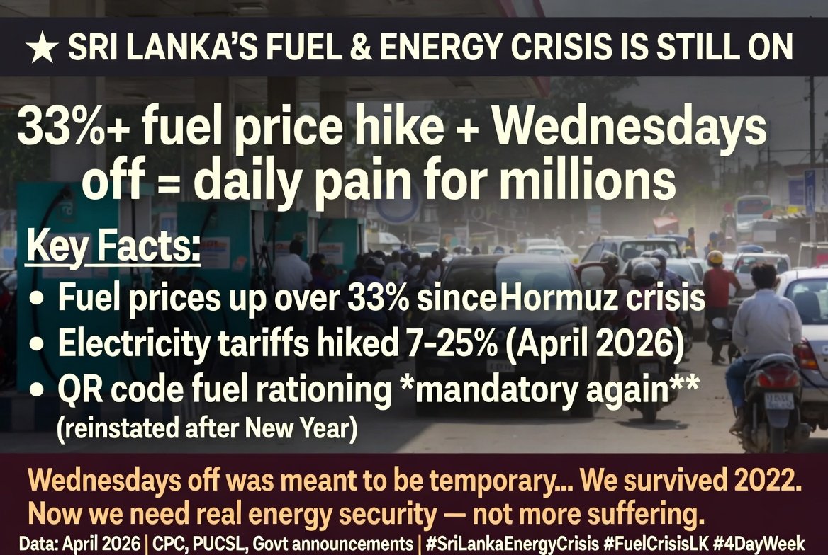 DrBukkabwoi's tweet image. Sri Lanka’s Energy Crisis is NOT Over! It’s Getting Real for Every Household.
Fuel prices up by a third. Electricity tariffs hiked up to 40%. Wednesdays off for government, schools &amp;amp; universities just to save fuel.  All because of the chaos in the Middle East &amp;amp; Hormuz strait.  We
