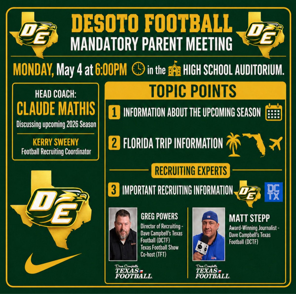 FootballDesoto's tweet photo. 🚨 🚨 mandatory parent meeting scheduled for Monday, May 4 at 6 PM. #DeSotoU https://t.co/zONBrqRIT5