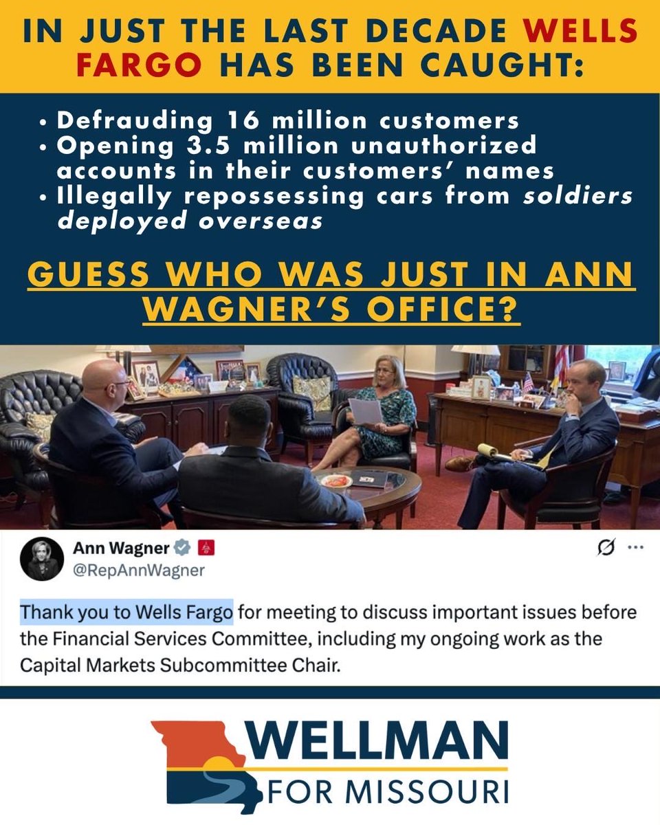 WellmanForMO's tweet image. Absent Ann always has time for big banks and Wall Street, but she has never made time for her constituents here at home. Not one town hall in 13 years. Shameful. 

#mo02 #Missouri #StLouis #TeamWellman #Congress